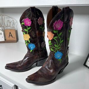 Justin Floral Embroidered Western Boots Women’s 8B Brown Leather Cowgirl
